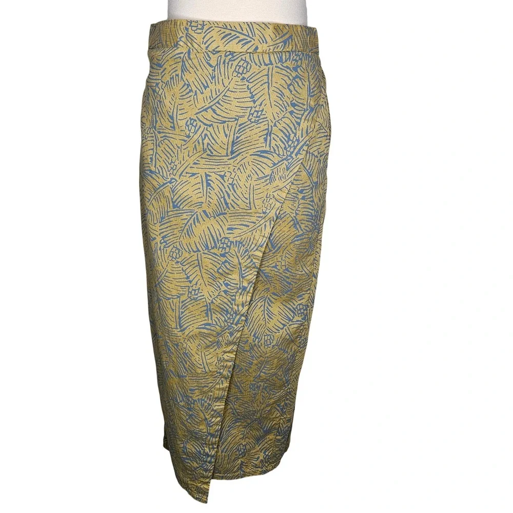 PrAna Organic Cotton Wrap Tulip Skirt Blue Tropical Leaf Mustard Boho Summer L - Picture 1 of 9